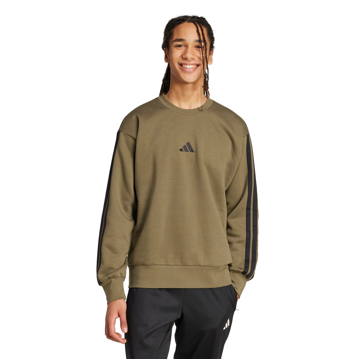 ADIDAS THREE STRIPES FLEECE SWEATSHIRT OLI/BLK