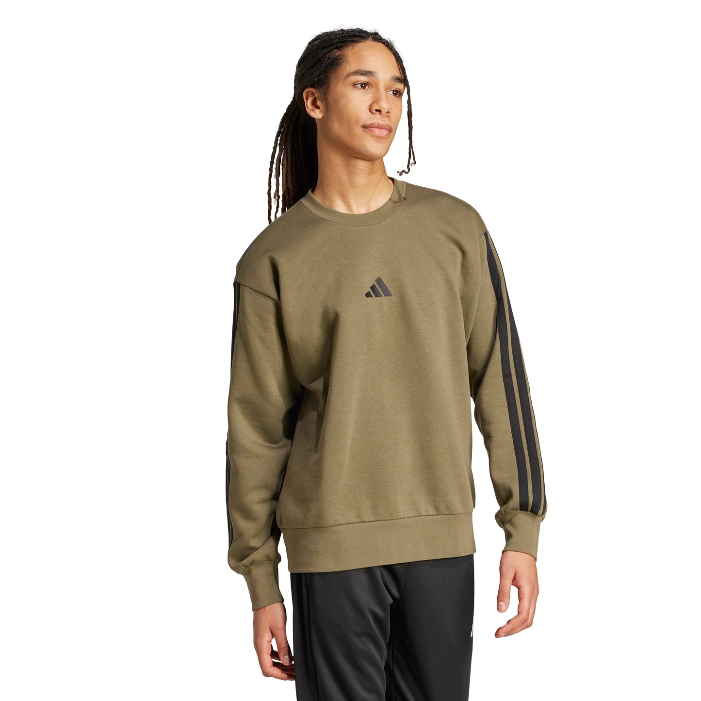 ADIDAS THREE STRIPES FLEECE SWEATSHIRT OLI/BLK